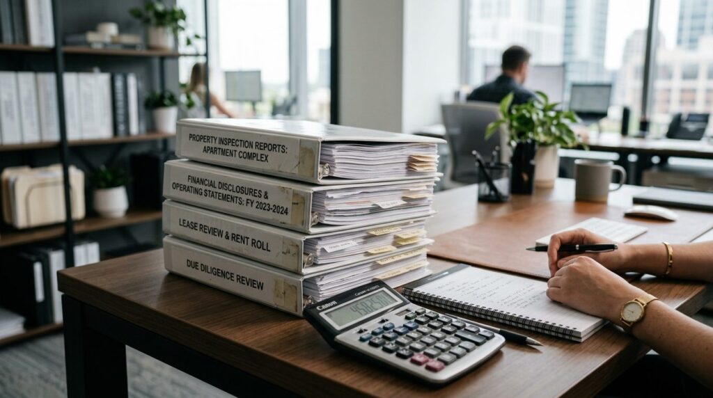 Organized stack of apartment building due diligence document